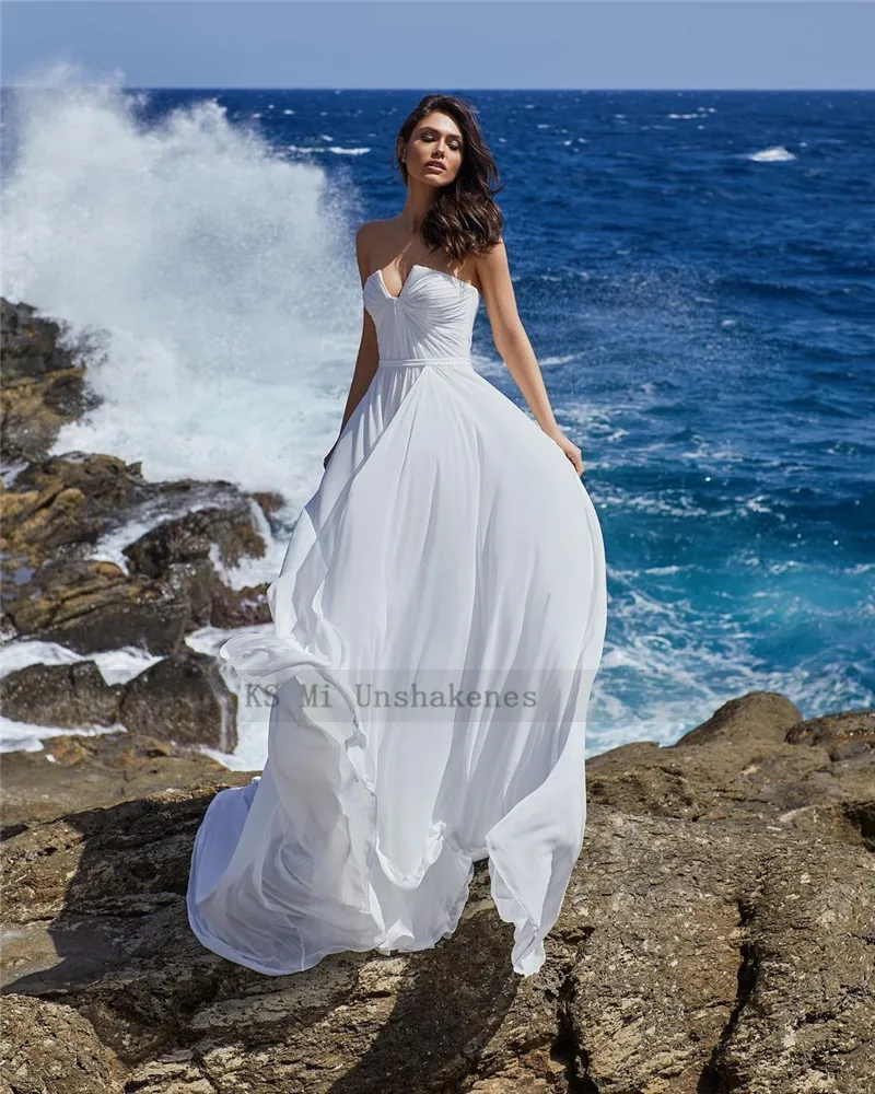 Abito da sposa economico bianco semplice abiti da sposa in Chiffon da spiaggia 2021 Vestido de Noiva A Line abiti da sposa estivi Boho pieghettato