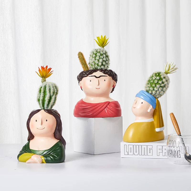 Cartoon Portrait Flower Pot Resin Planter Succulent Plants Flowerpots Pencil Holder Desktop Vase Figurines Home Table Decoration