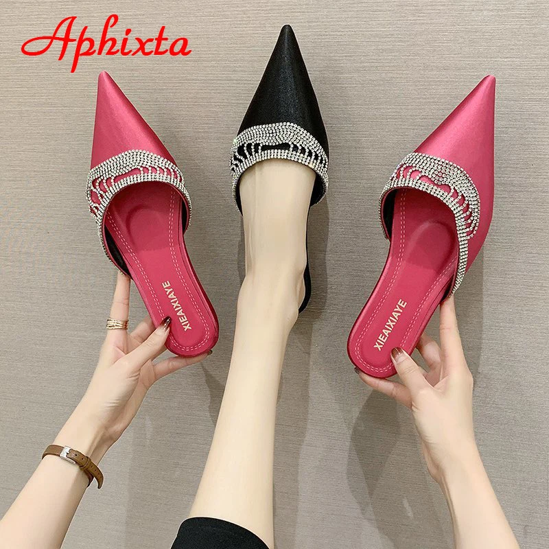 Aphixta Women Shoes Fashion Slippers Crystals Fringe Shallow Rose Red Silk Flat Heel Autumn Floral Point Toe Black Slides Mules