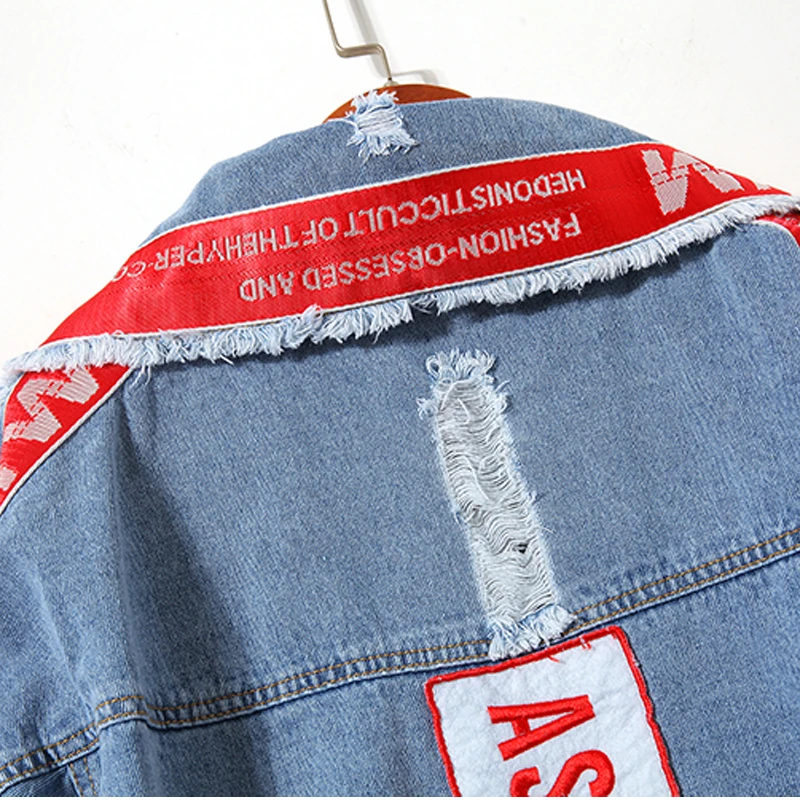 Denim Jacket Women 2023 New Harajuku Streetwear Hip Hop Letter Embroidery Ribbon Female Jeans Coat Size Chaqueta De Mujer