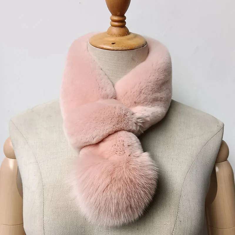 2021 Winter Women Real Rex Rabbit Fur Scarf Winter Casual Female Warm Thick Natural Rabbit Fur Scarves With Real Fox Fur Pompom