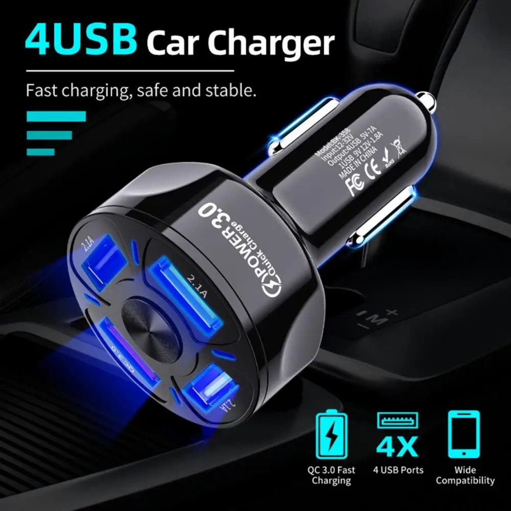 Portable 4 USB Ports Mini QC3.0 Fast Charging Car Charger Adapter for Phone