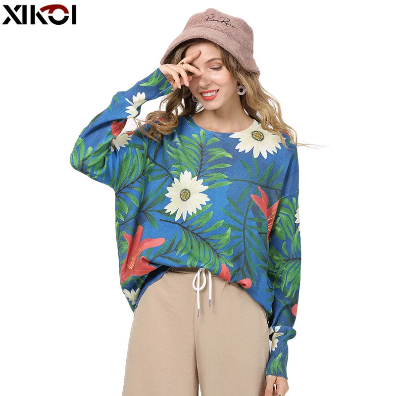 XIKOI Women Casual Printed Sweaters Pullovers Winter Trendy O-Neck Loose Knitted Clothing Casual Femme Pullovers Plus Size Pull