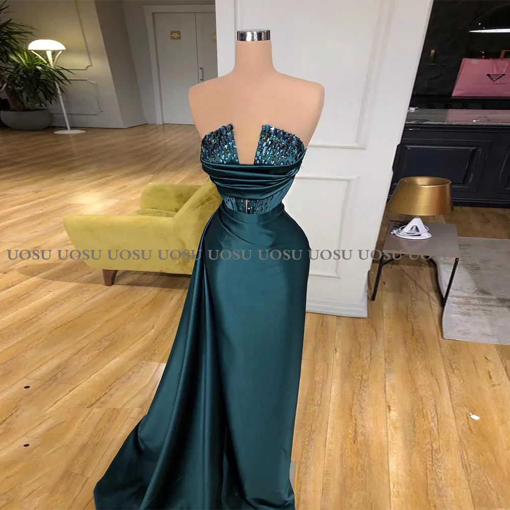 UOSU Modern Evening Dress Strapless Sleeveless Stones Beading Pleat Mermaid Prom Gown Long Party Dresses Abito Da Sera