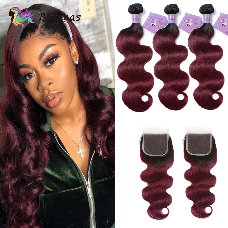 Ombre Hair Bundles With Closure Body Wave Human Hair Bundles With 4x4 Lace Closure 1B/99J Brazilian Body Wave Human Hair Bundles