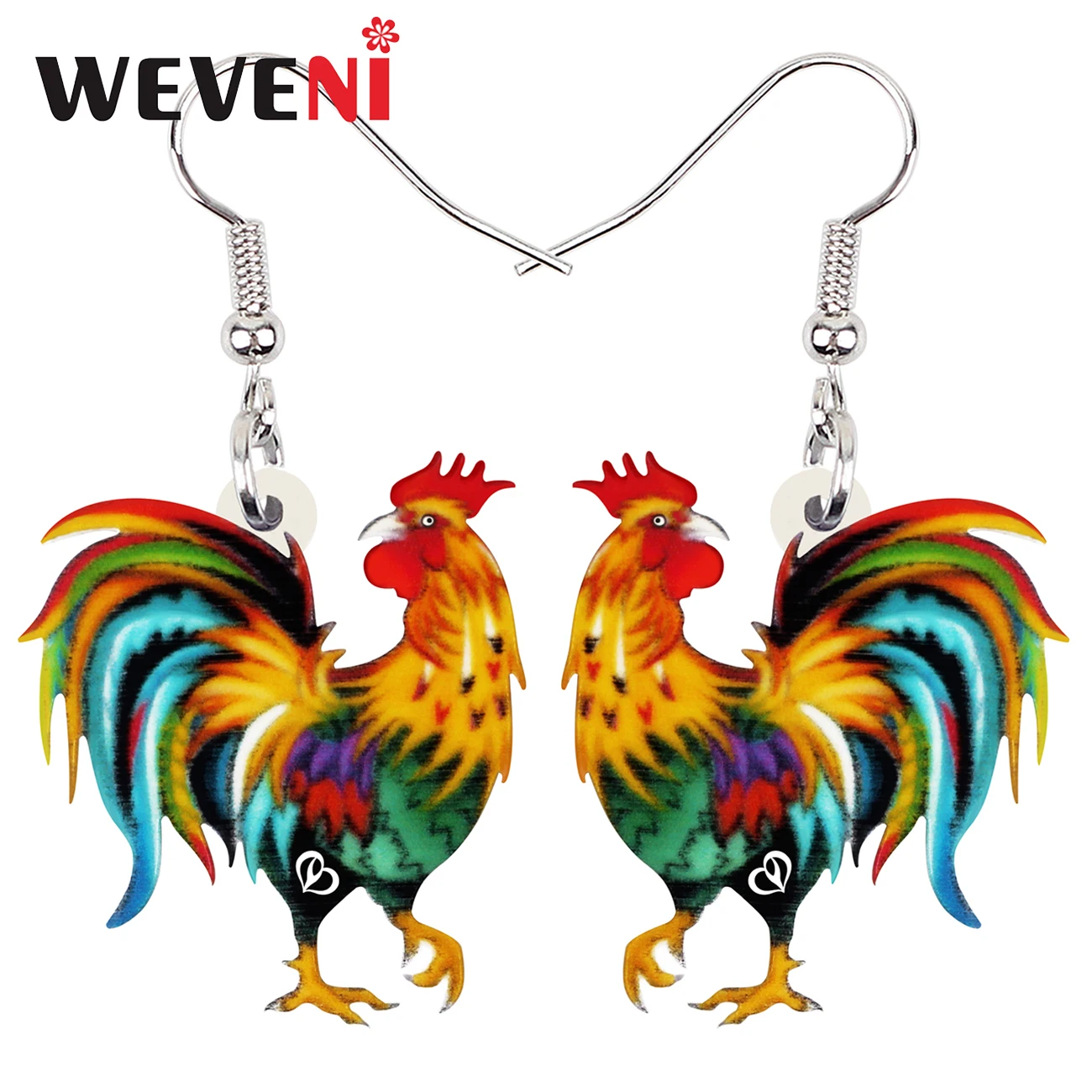 WEVENI Acrylic Chicken Colorful Tail Rooster Cock Earrings Trendy Big Dangle Drop Party Jewelry For Women Girls Teens Charm Gift