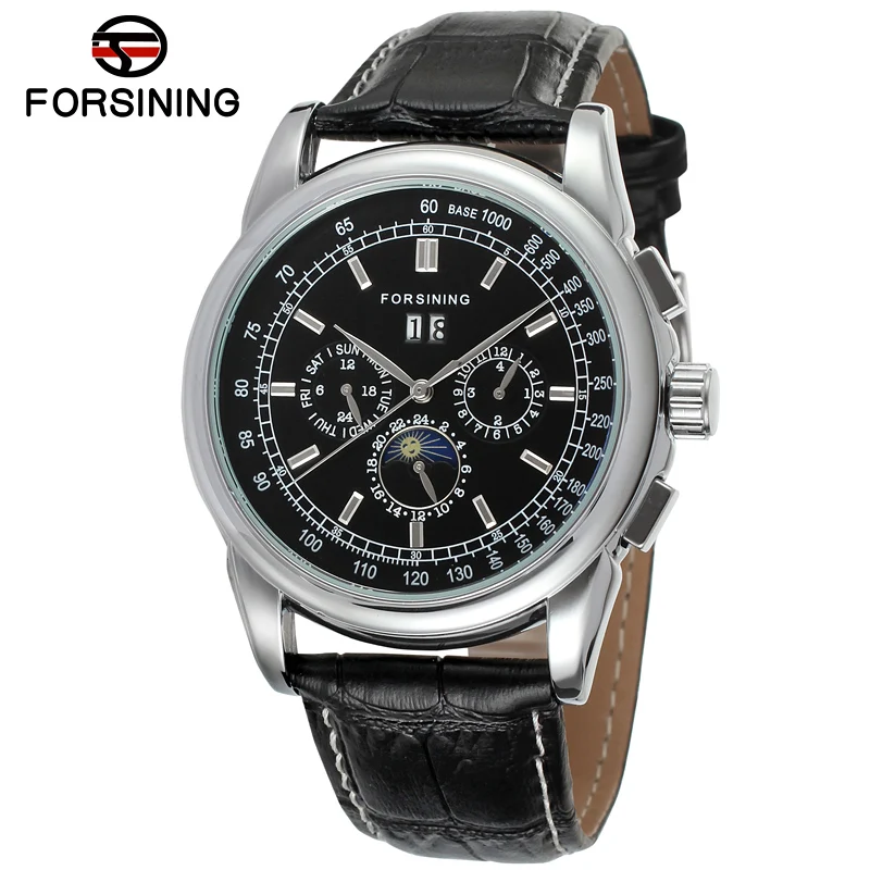 FORSINING Three eyes six pin scale mechanical watch circular black belt wrist watch Men's mechanical watch