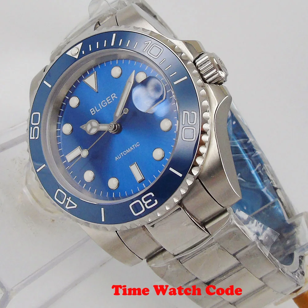 

Sapphire Men's Watch PT5000/NH35/Miyota 8215 Automatic Movement Blue Dial Date Cyclops luminous Ceramic Bezel 40mm Bliger