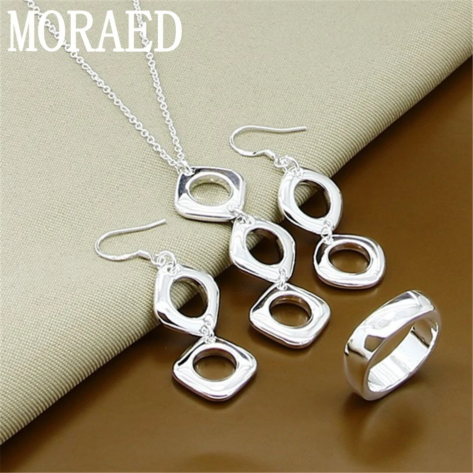 New Silver 925 Jewelry Set Simple Square Round Pendant Necklace Earrings Rings Set For Women Men Fashion Gift