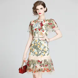 High Quality Luxury Flower Embroidery Dress Women O Neck Short Sleeve Slim Mesh Dress Summer Girl Sexy Party Midi Dress Vestidos