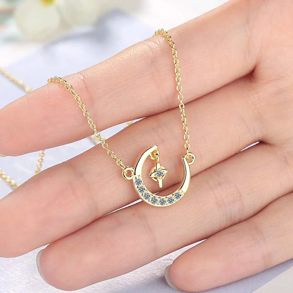 925 Sterling Silver Crescent Moon & Zirconia Star Necklaces Pendants For Women Accesories Jewely Silver Chain Collar