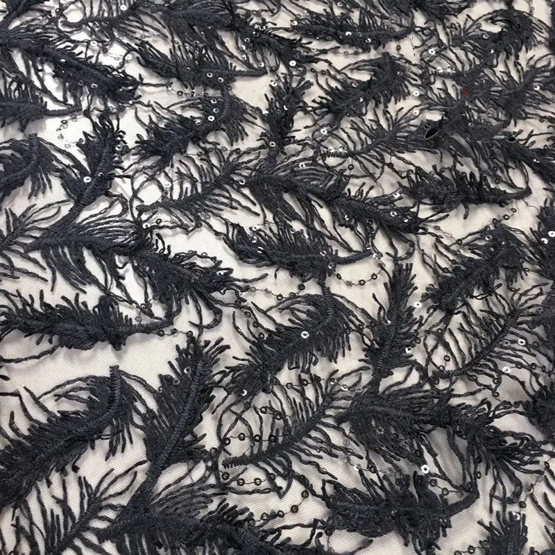 GLace 1M/lot Black sequined feather mesh fabric embroidered lace accessories for women dress TX1351