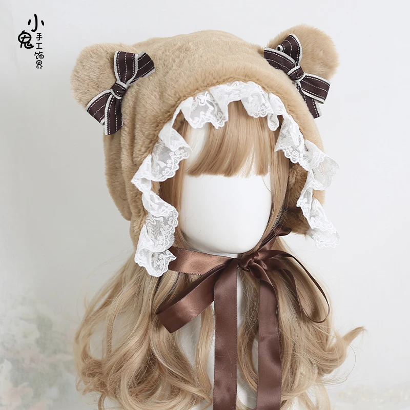 Lovely bear ear lei feng's cap lace lolita bowknot earmuffs joker fluffy brown hat in winter