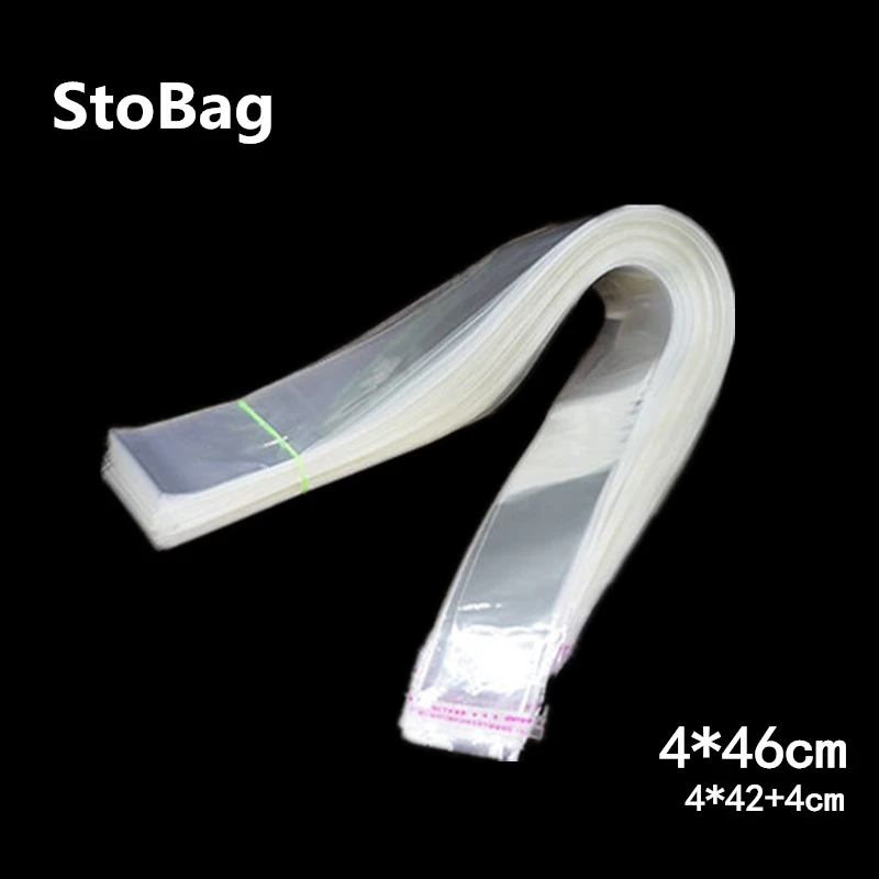 StoBag 1000pcs 4*46cm Clear Self Adhesive Cello Cellophane Bag OPP Long Small Plastic Candy Gift Jewelry Packaging Slender Bag