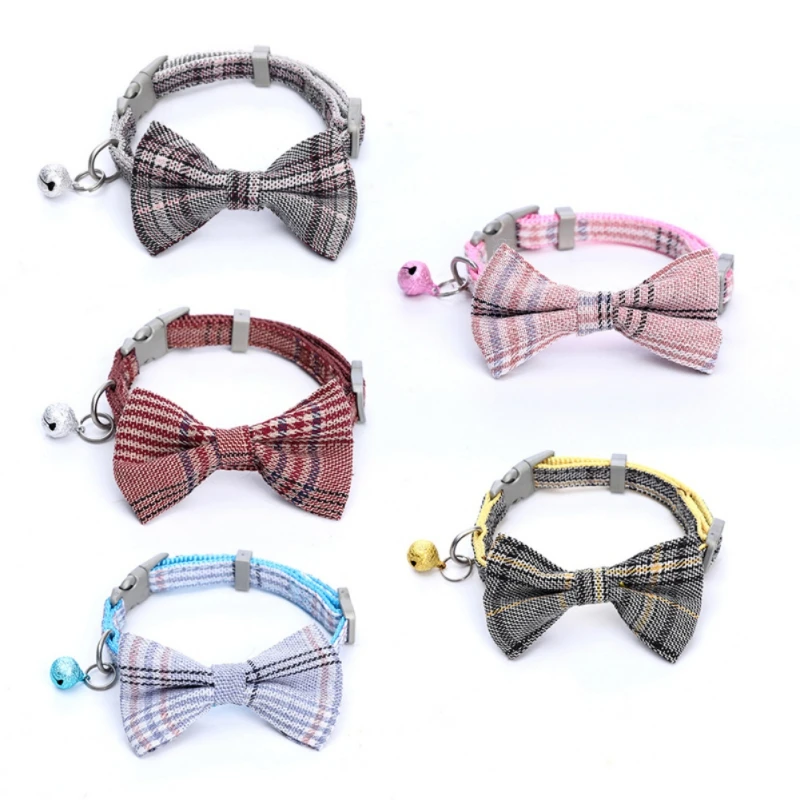 Plaid Dog Cat Collar With Bow Tie Adjustable Cat Cotton Bowtie Pet Buckle Collars For Cats And Small Dogs Chihuahua