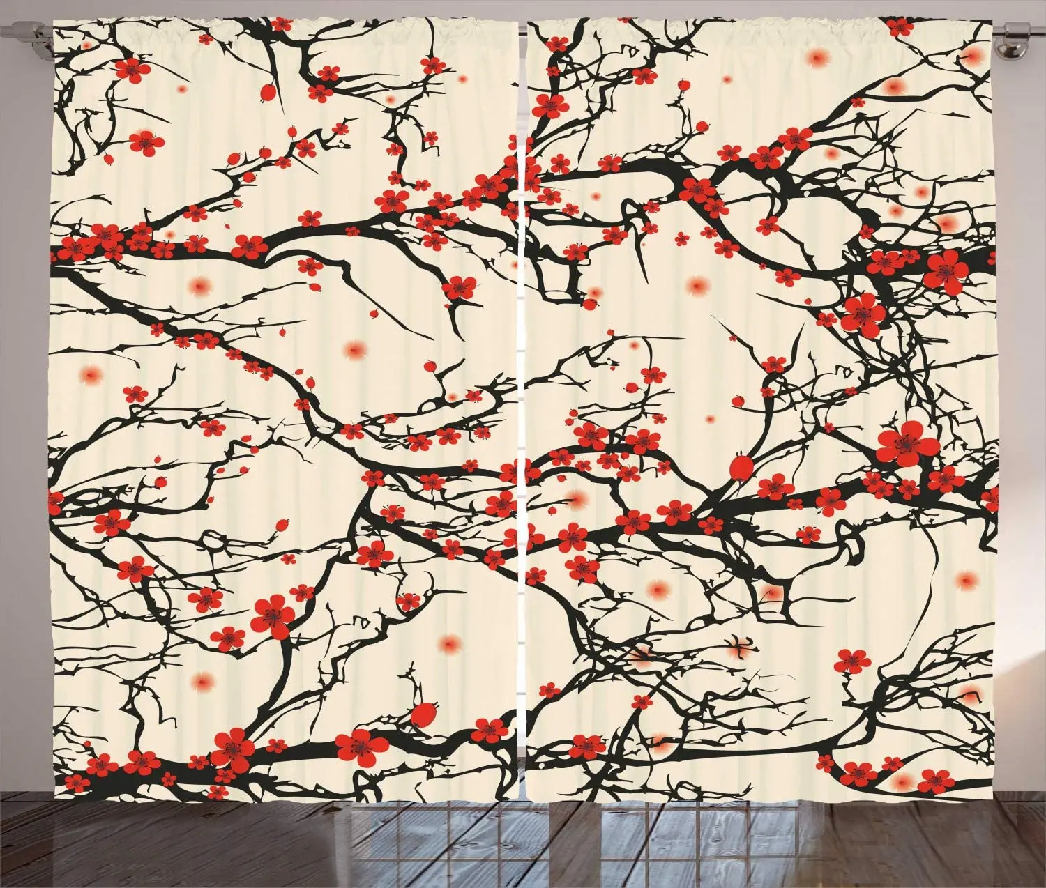 Red Cherry Blossom Flowers Window Curtain Bedroom Kitchen Curtain Panel Christmas Home Decor Curtains for Living Room