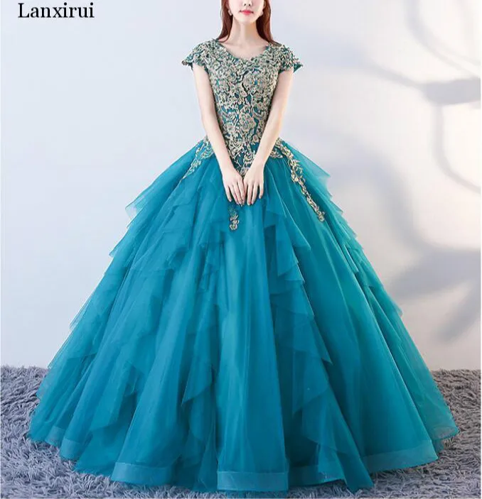 

Turquoise Blue Dresses Cap Sleeves Pearl Ball Gown Tulle Long Women Prom Gown Formal Party Vestidos