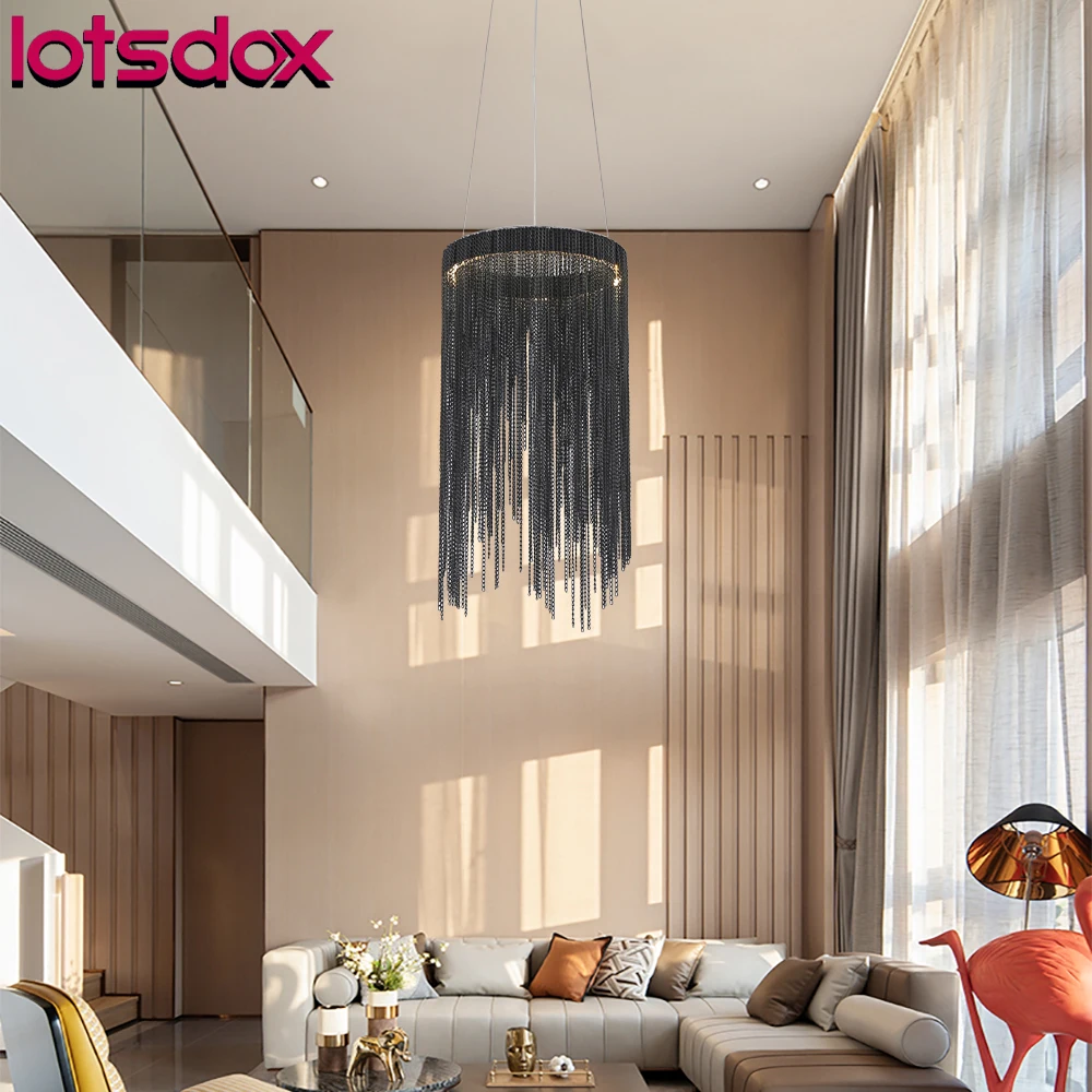 Included With LED Strip Modern Black Round Ring Pendant Light Aluminum Chains Tassel-Shaped Hanging Lamp For Dining Room Shop