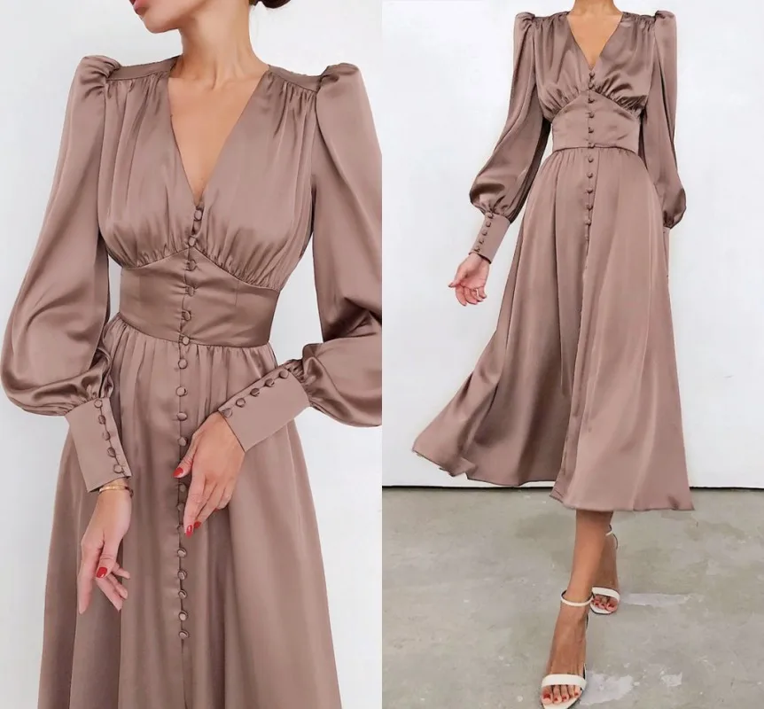 

Fashion Brown Tea Length Evening Dress 2021 Long Sleeves Buttons Formal Dubai Arabic Prom Party Gown Abiye Vestidos De Noiva