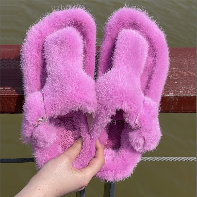 Luxury 100% Real Mink Fur Slippers For Women Shoes Ladies Slippers Women\'s Casual Real Fur Slides Flip Flop Flat Femme Shoes