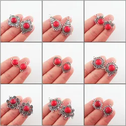 10mm Round Red Turquoise Stone Charms Connectors Teardrop Flower Eye Heart Tibetan Silver Plated Pendant Retro