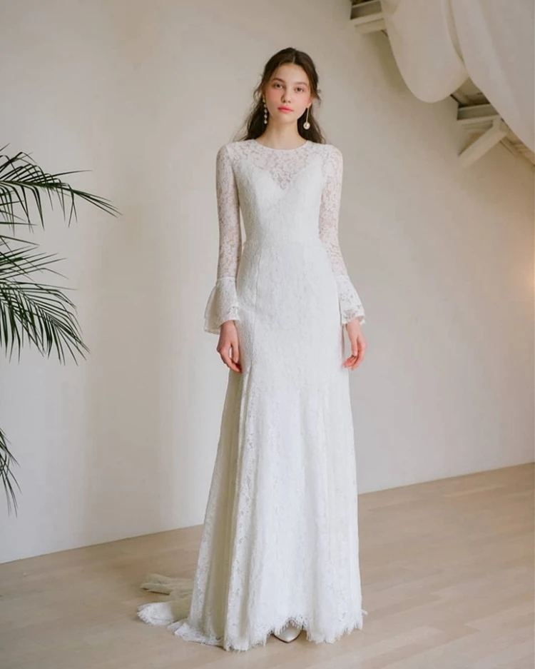 FANWEIMEI#1349 Lace LONG sleeve SIMPLE bridal GOWN plus women winter wedding dress real photo factory price