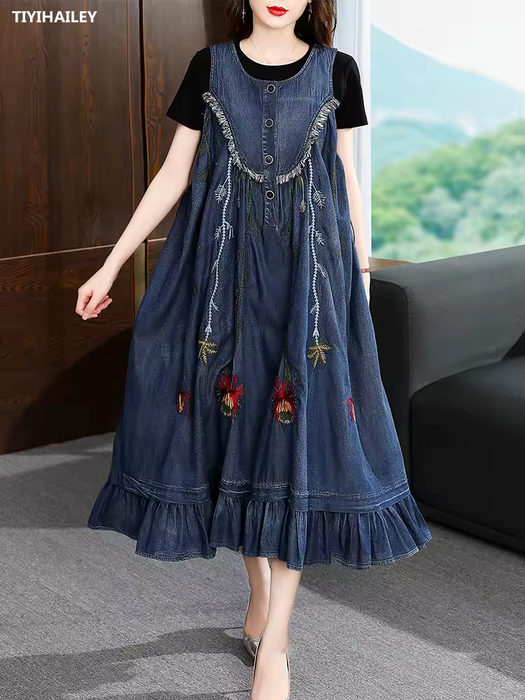 TIYIHAILEY-Loose A-Line Denim Dresses for Women, Long, Mid-Calf Jeans, Embroidery, Sleeveless Tassels, New Fashion, 2026