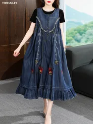 TIYIHAILEY-Loose A-Line Denim Dresses for Women, Long, Mid-Calf Jeans, Embroidery, Sleeveless Tassels, New Fashion, 2026