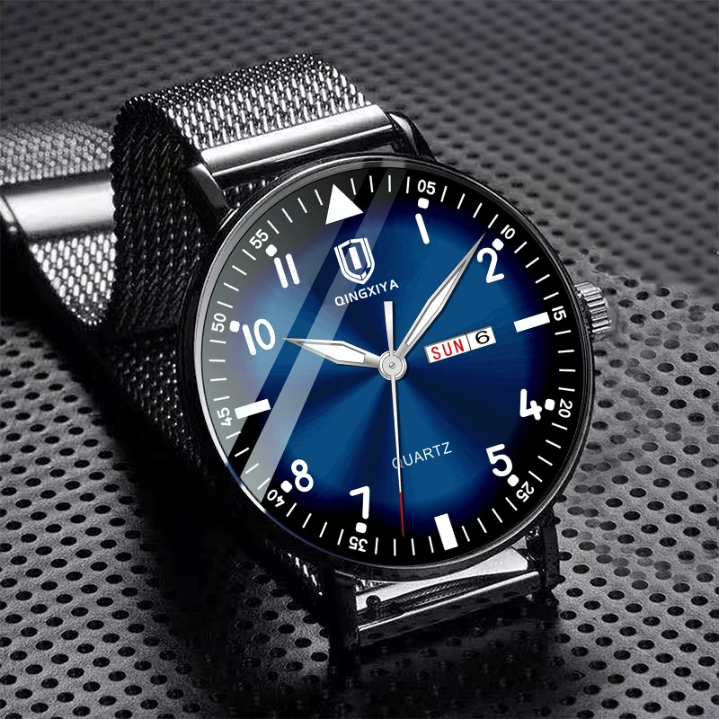 

QINGXIYA Fashion Ultra Thin Quartz Watch for Men Stainless Steel Mesh Waterproof Luminous Week Date Wristwatch Relogio Masculino