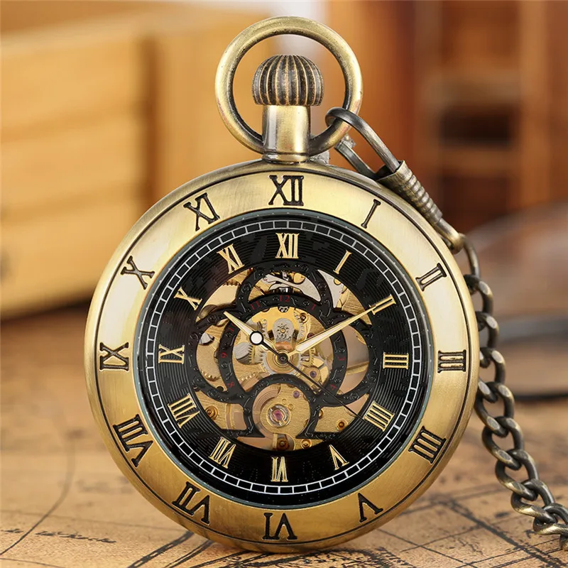 Classic Carving Roman Numerals Design Mechanical Hand-Winding Pocket Watch for Men Women Pendant Chain Clock Gift