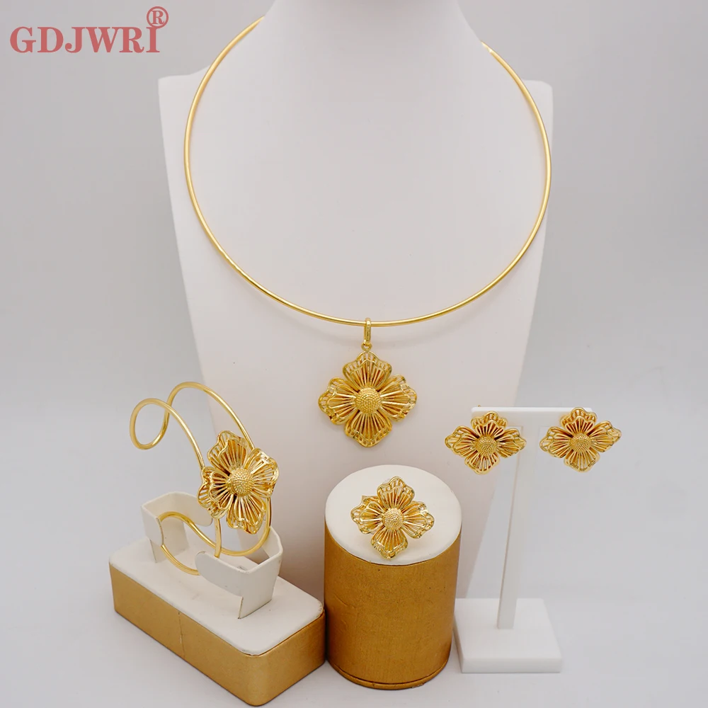 

Ethiopia Gold Color Copper Dubai Jewelry Sets For Women African Party Wedding Gifts Necklace Earrings Bracelet Ring Sets