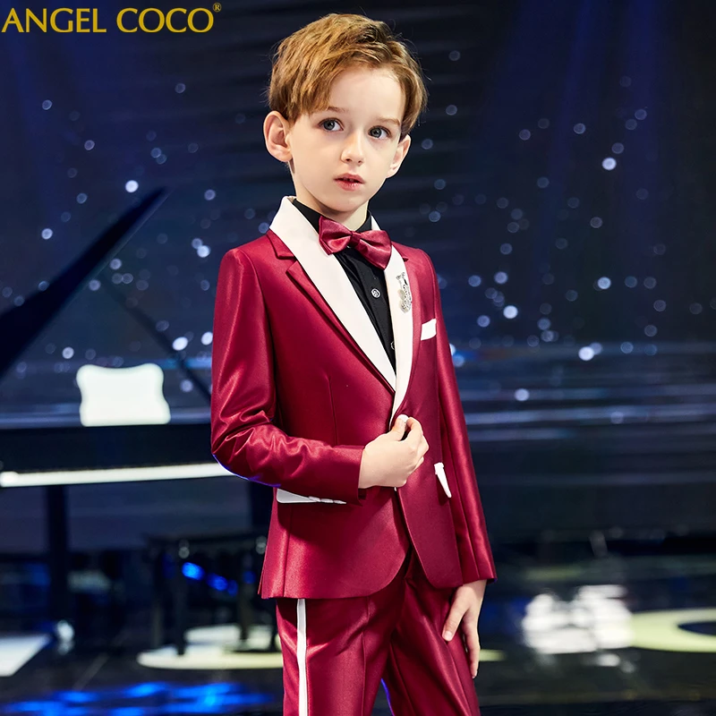 

Boy Suit set Catwalk Show Host Birthday Costumes Children Suit Boys Enfant Garcon Mariage Burgundy Blazers For Boys Wedding