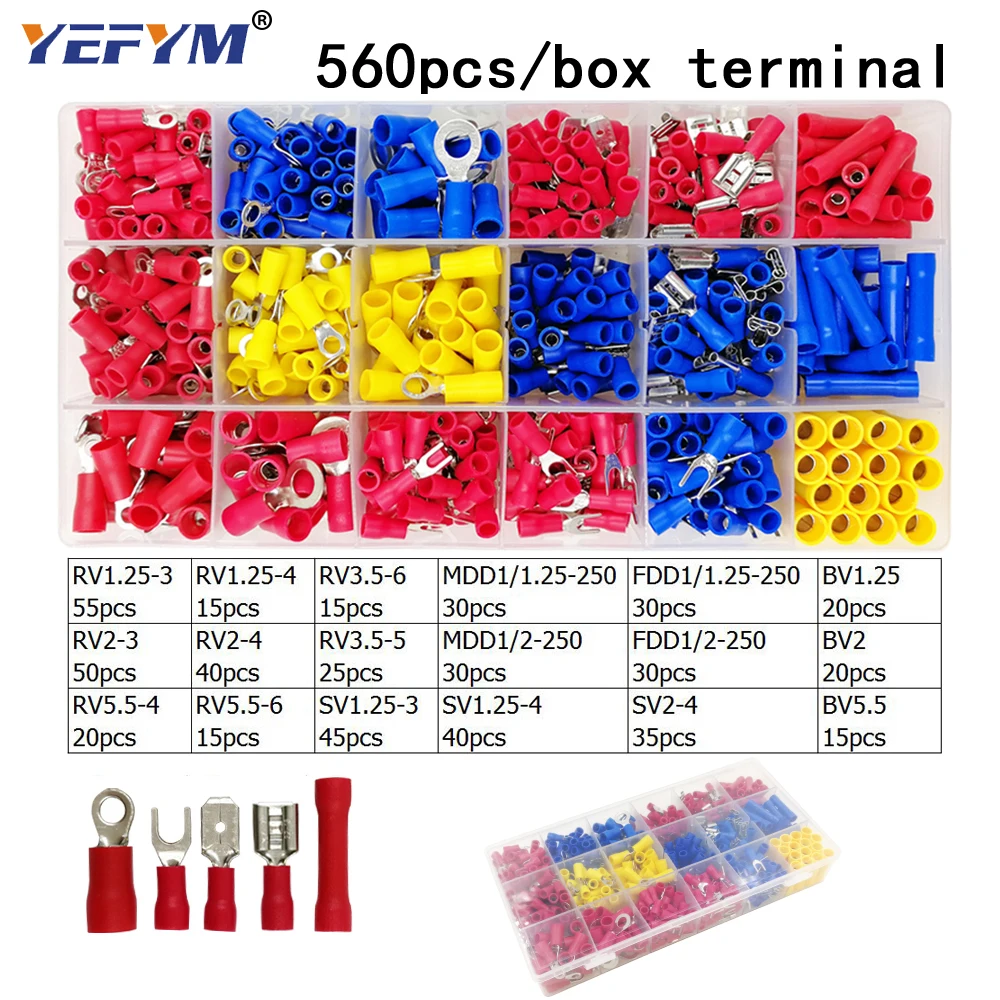 Box assorted full insulated fork U-type set terminals connectors assortment kit electrical wire crimp spade ring terminal image 3