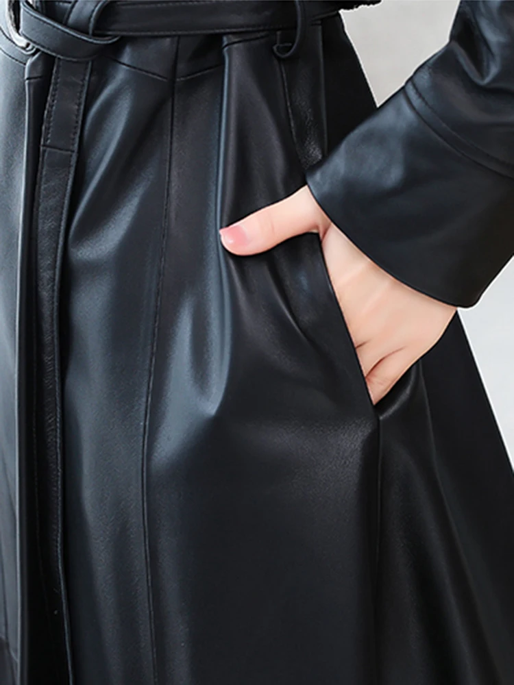 Nerazzurri Autumn Designer Long women Soft Pu leather coats long sleeve belt Black leather trench coat women Korean fashion 2021