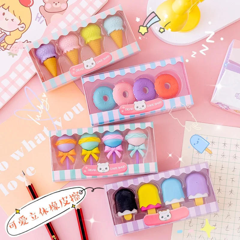 4Pieces/Boxes Kawaii Lollipop Sweety Ice Cream Student Stationery School Office Supplies Children Erasers For Kids Pencil Eraser