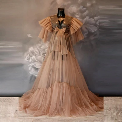 Sexy Maternity Tulle Dresses Women Ruffles Tiered Robe Sheer See Through Long Floor Length Dress Photo Shoot Pregnancy Prom Gown