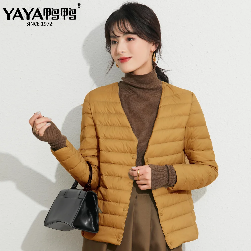 YAYA-Chaqueta de plumón de pato para mujer, abrigo ligero y fino, corto con cuello en O y en V, Color sólido cálido, Primavera, 2023