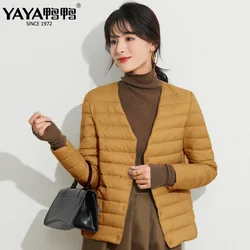 YAYA 2023 Spring New High Quality Women's Duck Down Jacket Lightweight Thin Short O and V Collar Warm Solid Color Outerwear