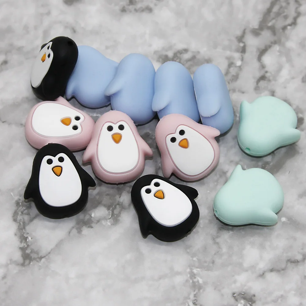 Cute-Idea 5PCs Mini Penguin Baby Animal Silicone Beads Teething Product Food Grade Pacifier Chain Rodent Toys Accessories gifts