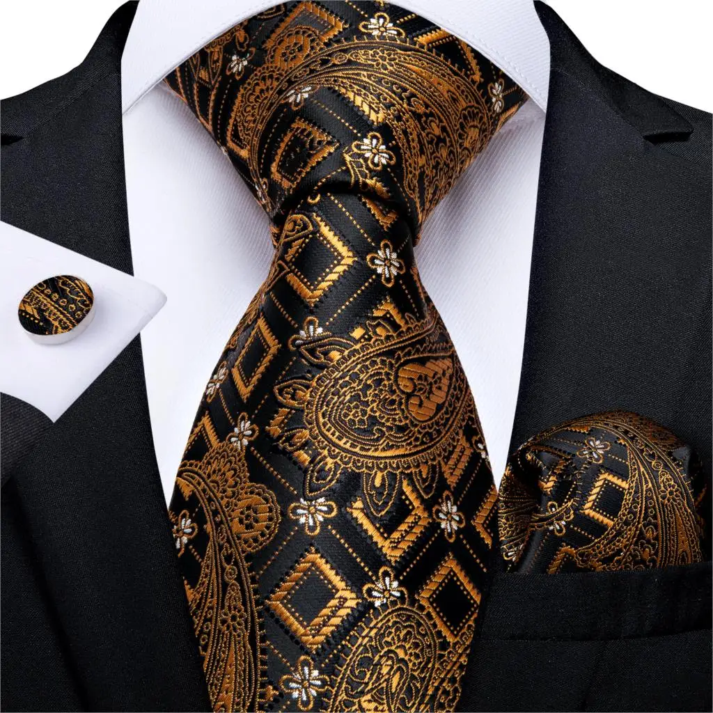 Gift Men Tie Gold Black Striped Paisley Silk Wedding Tie For Men DiBanGu Design Hanky Cufflink Quality Men Tie Set Dropshipping