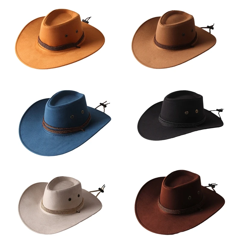 Vintage Western Cowboy Hat Solid Color Basin Hat Wide Brim Jazz Hat Outdoor Sun Protection for Hiking Camping Riding