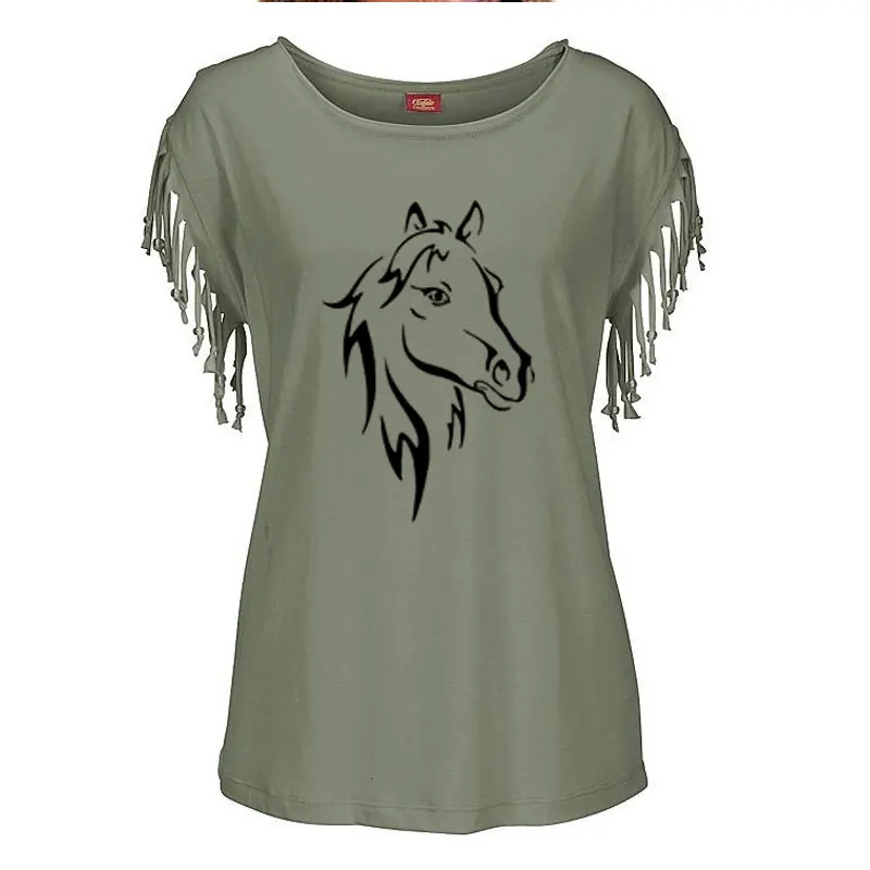 

New Besikom Women T-shirt Printing Horse Short Sleeve O-neck Funny Tops Streetwear Tshirt Women Cotton Tassel Casual T-Shirt