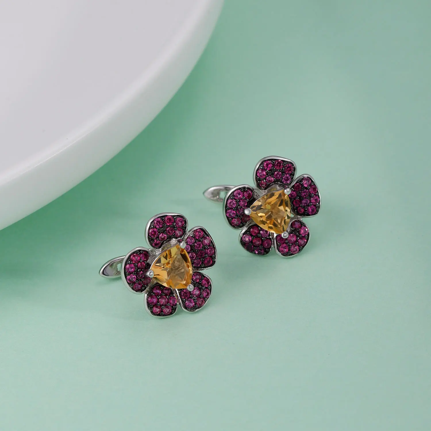 Gem's Beauty 925 Sterling Silver Flower Stud Earrings Natural Citrine Garnet Amethyst Stud Earrings For Women Fine Jewelry