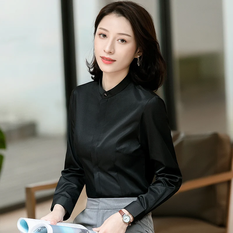 Women’s Long Sleeve Stand Collar Office Formal Casual Shirt Blouse Concealed Button Placket Ladies Office Slim-fit Dress Shirts