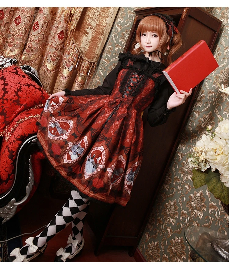 Loli cos gothic lolita jsk japanischen süße lolita kleid retro spitze bowknot nette druck viktorianischen kleid kawaii mädchen gothic kleid