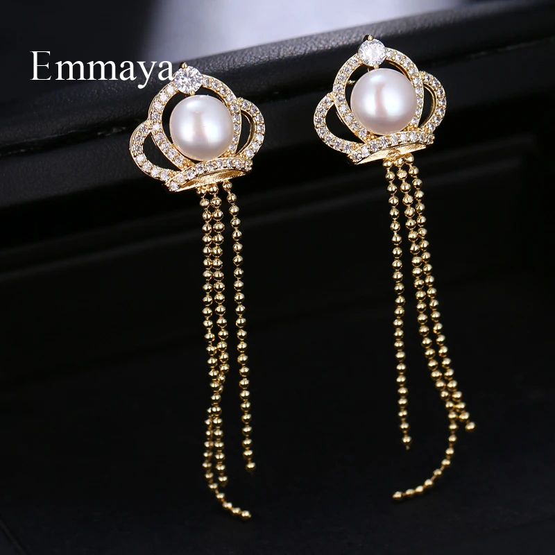 Emmaya New Season Design Long Earring With Crown Contain Exquisite Pearl Tassels Style Women Decoration Important Dinner