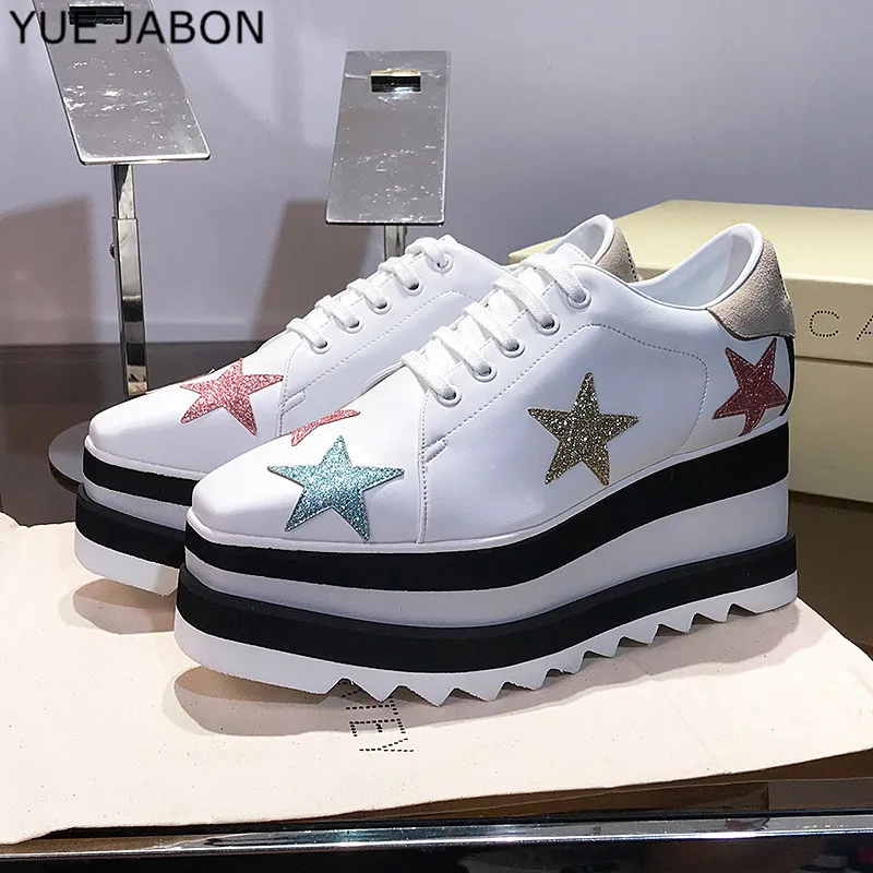 YUE JABON Height Increasing Star Rivet Shoes Classic Platform Rose Gold Shoes Mix Color Square Toe Wedge Shoes Lace Up Lady Shoe