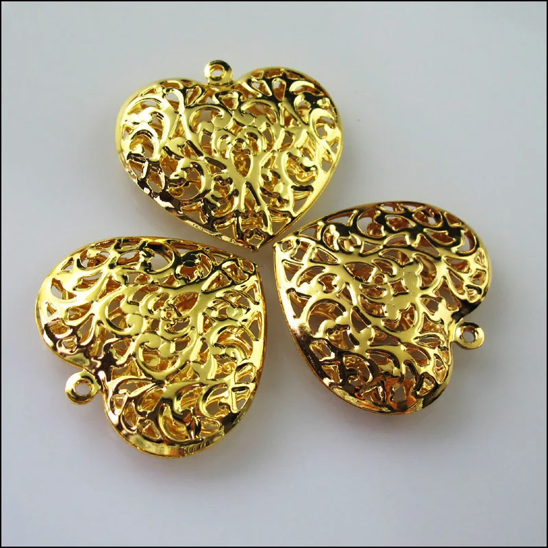 6Pcs Big Hollow Flower Heart Charms Pendants Golden Plated 38x40mm