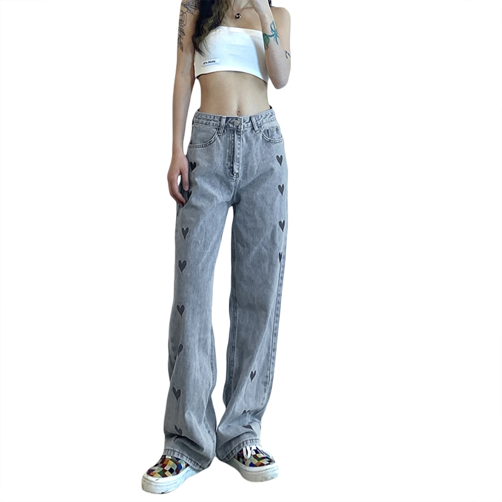 

Nice Pop Women Loose Jeans, Adults Love Pattern High Waist Straight-leg Pants With Pockets Vogue Joker