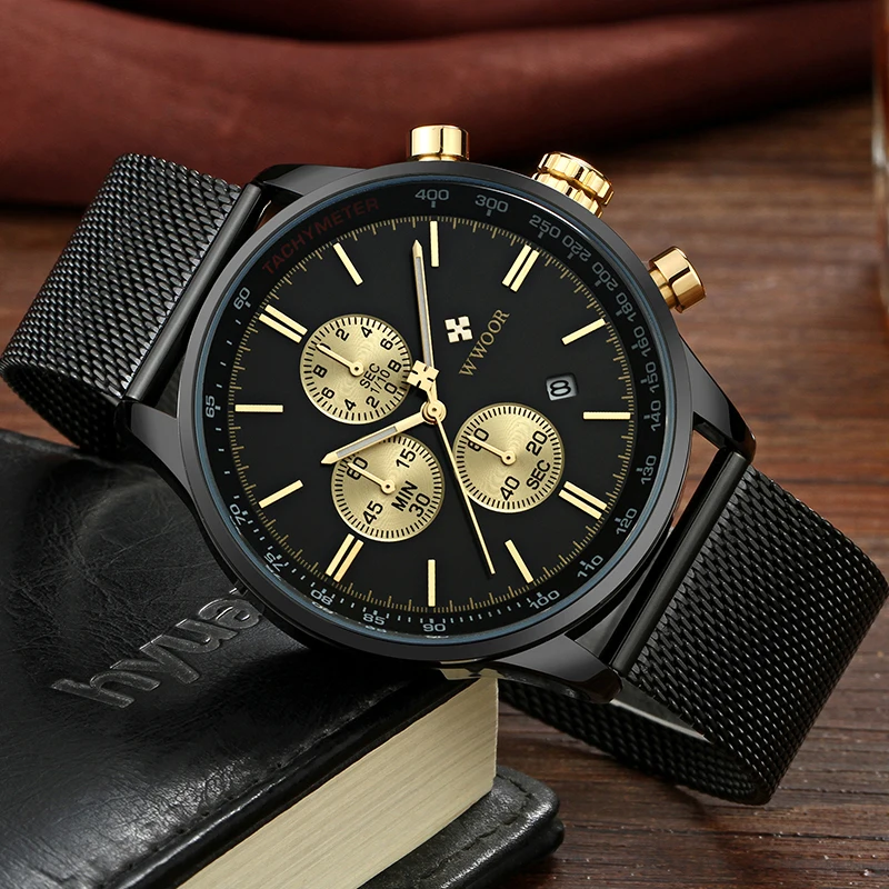 WWOOR-Reloj de pulsera multifunción para hombre, cronógrafo de cuarzo, de acero completo, a la moda, deportivo, de lujo, de negocios, resistente al agua, 2024